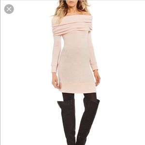 MISS CHIEVOUS OFF THE SHOULDER COWL NECK LONG SLEEVE BLUSH DRESS, SIZE L…